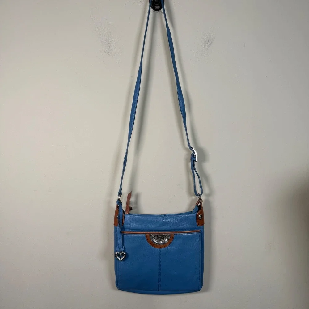 Brighton Shiloh Africanz Blue Pebbled Leather Crossbody Organizer Bag